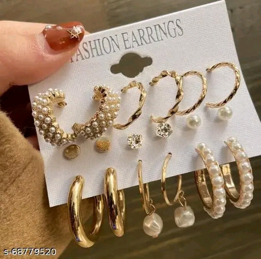 Combo Of 9 Pair Stunning Gold Plated Pearl Hoop