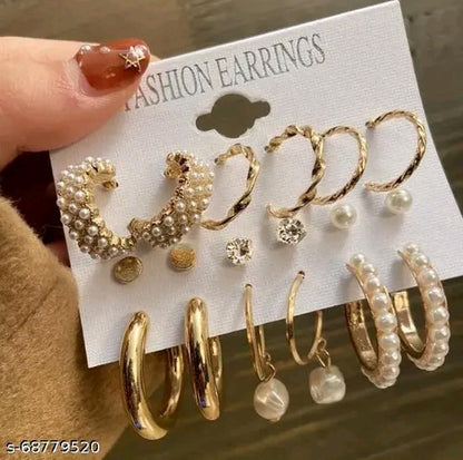 Combo Of 9 Pair Stunning Gold Plated Pearl Hoop