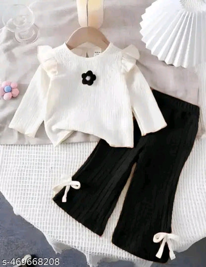 Stylish Ruffle Top &Bow Tie Flare Pant Sets For Girls