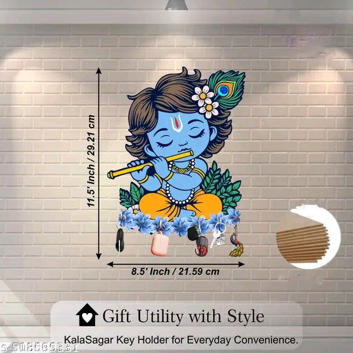 Premium Little Krishna Combo Wooden Wall Key Holder