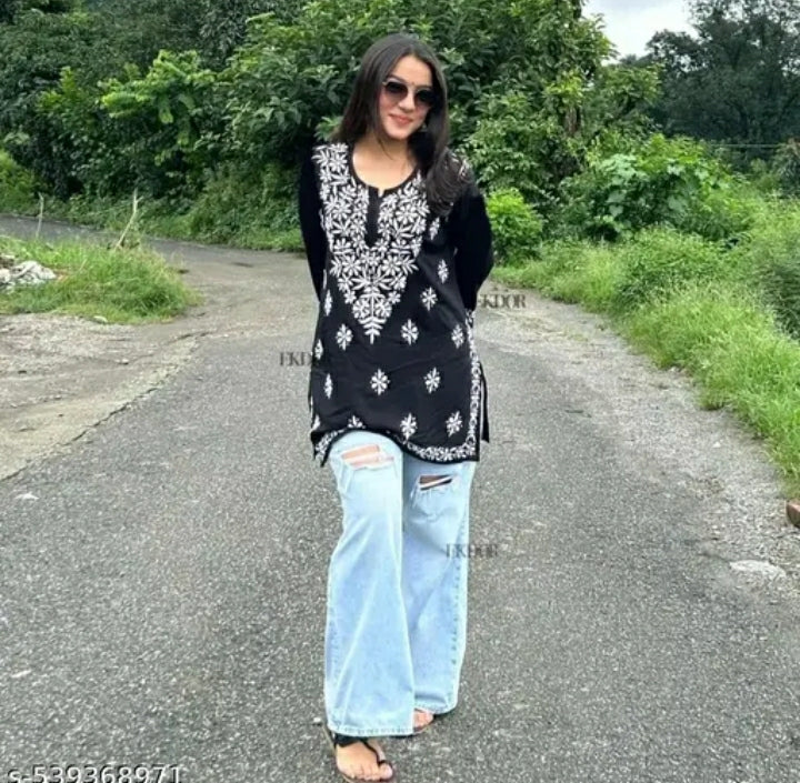 Imported Stylish Summer Rayon Jaipuri Short Kurti With New Design Trending Tunic Kurti Top Embroidery For Women And Girls