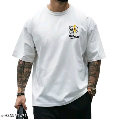 Stylish Men's Printed Round Neck Cotton Blend Oversized T-Shirt
